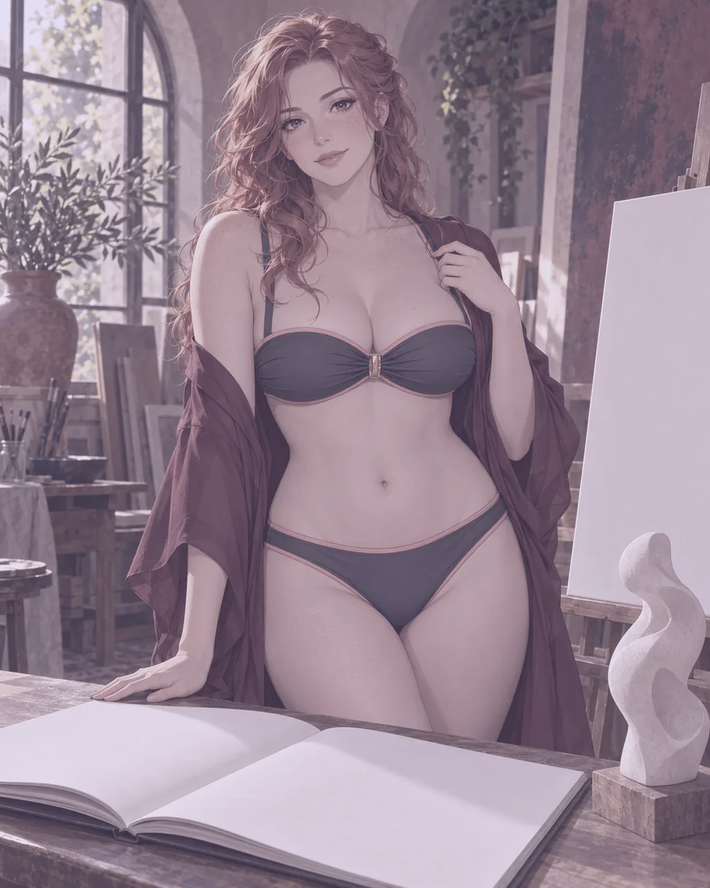 Mujer anime junto a una doble página, una página vertical y una forma esculpida