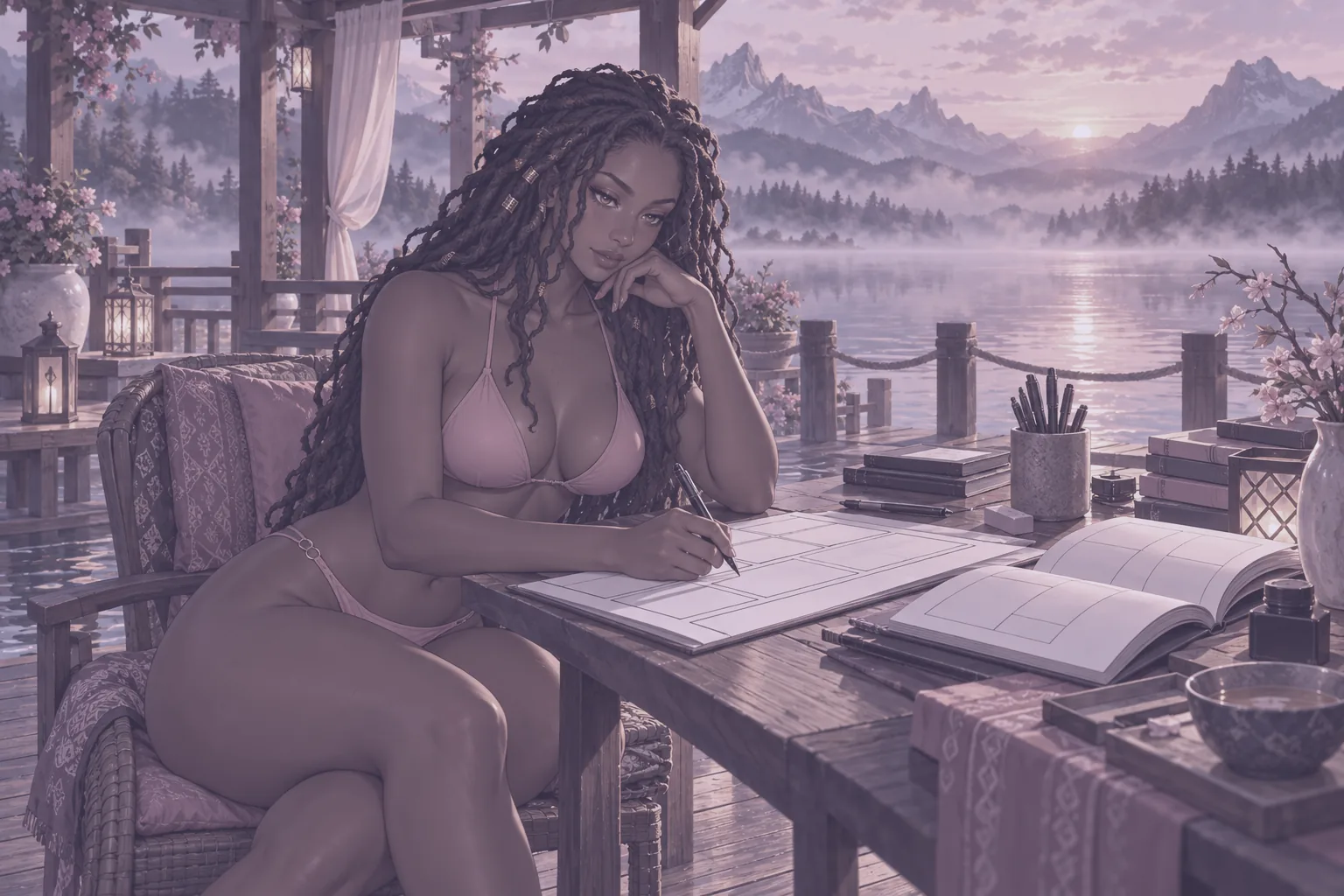 Doujin hentai: dibujante trabaja en viñetas en blanco junto a un libro abierto