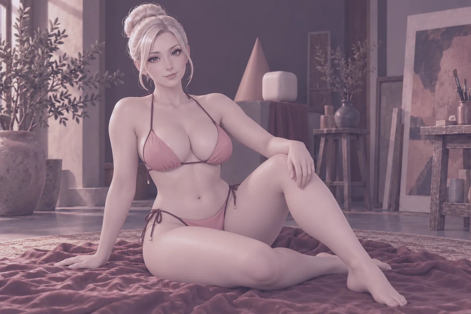 Hentai 3D: personaje femenino adulto en 3D estilizado junto a formas esculpidas