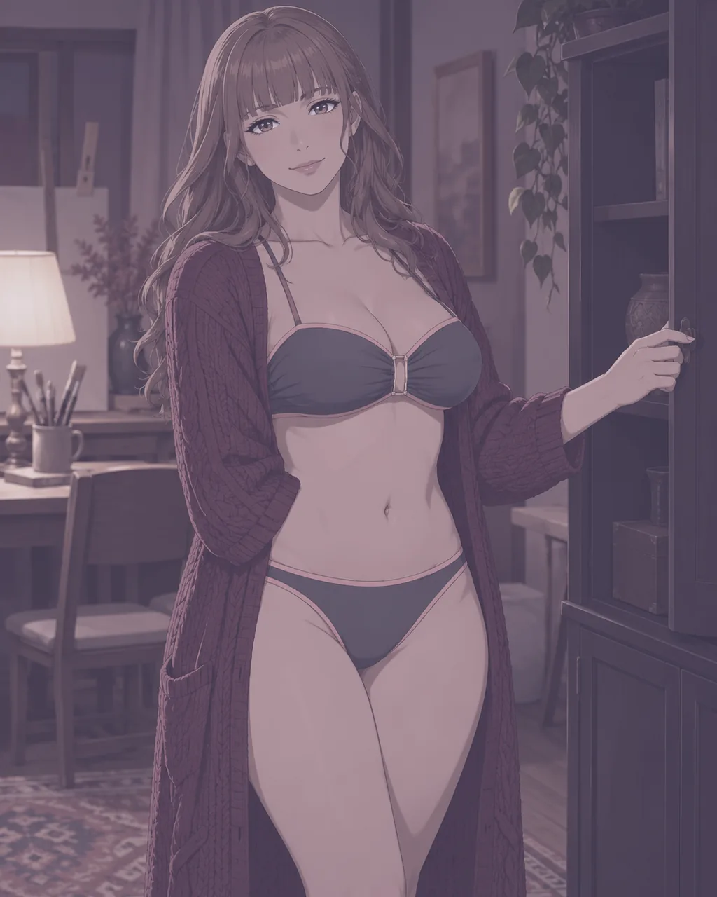 Mujer anime cierra un pequeño gabinete oscuro en un estudio en penumbra