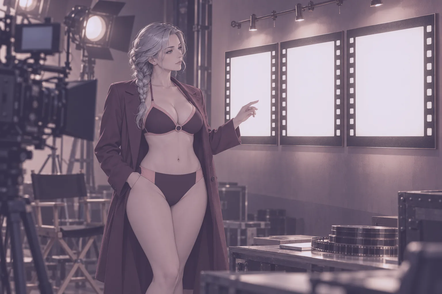Hentai HD: cineasta anime revisa tres fotogramas sobre una pared iluminada