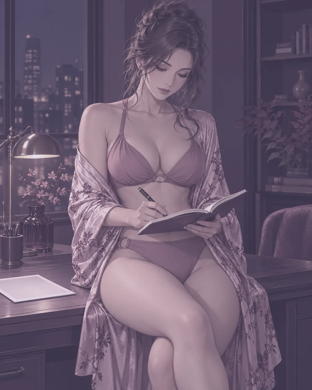 Mujer anime toma notas de noche junto a una lámina impresa en blanco