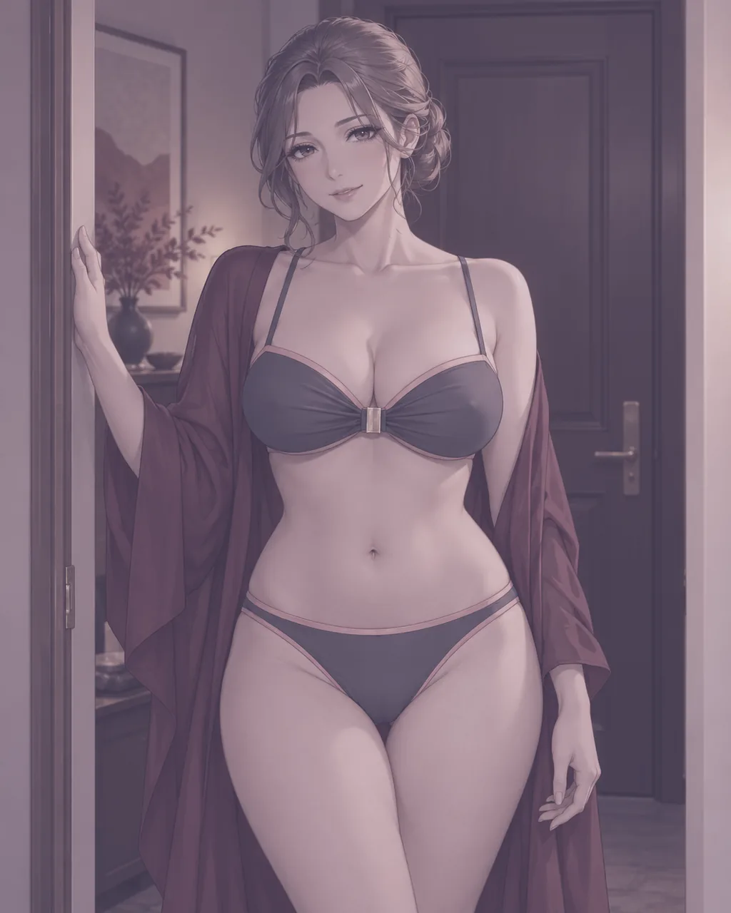 Mujer anime en la puerta de un departamento, con la puerta cerrada a su espalda