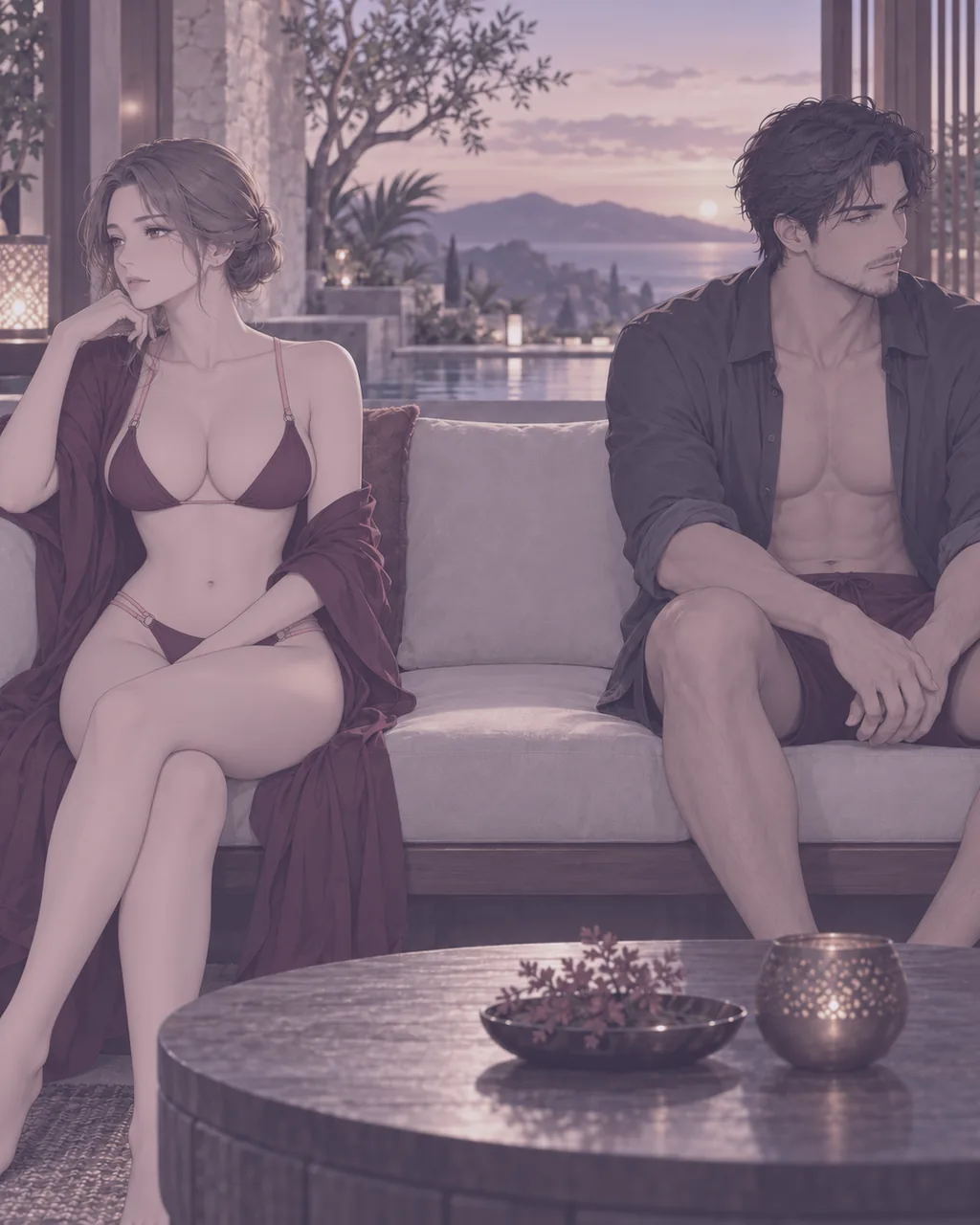 Pareja anime adulta sentada en lados opuestos de un salón, con un asiento libre en medio