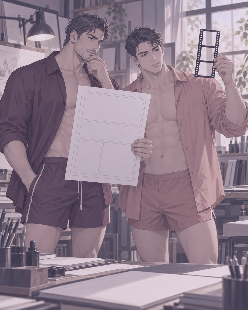 Dos hombres anime adultos comparan una página en blanco y un fotograma