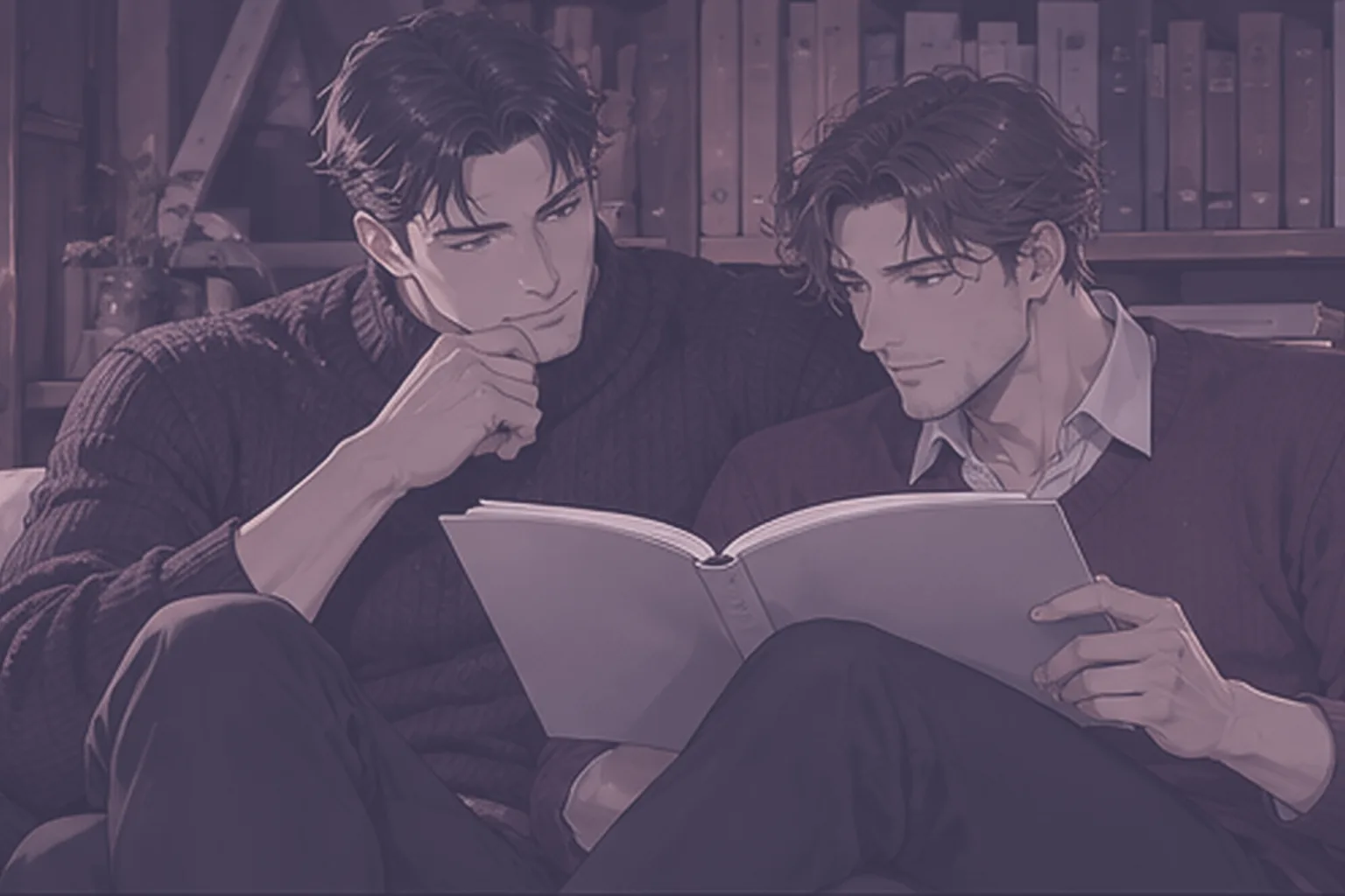Hentai yaoi: dos hombres adultos miran juntos un libro en blanco en un estudio de manga