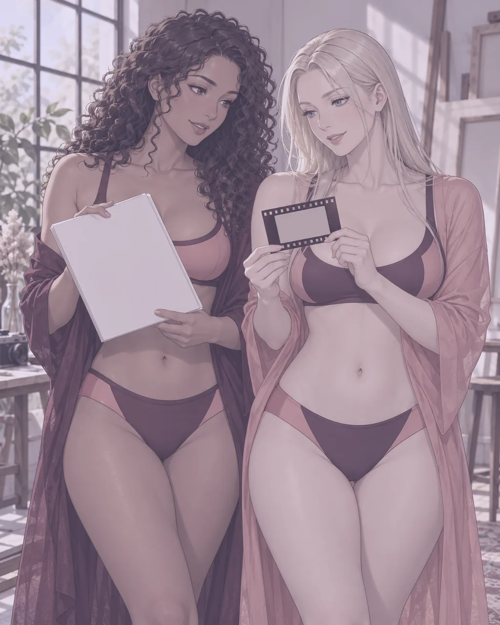 Dos mujeres anime comparan una página ilustrada y un fotograma en un estudio luminoso